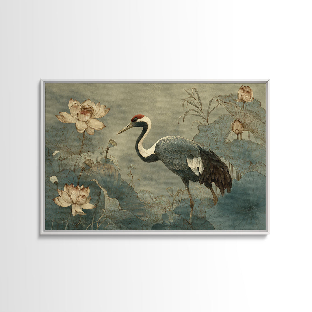 Crane and Lotus Composition Framed Canvas Print, Bird Art, Nature Prints, Living Room Decor, Fine Art, Flight, Boho Decor, BIR-3x2-69