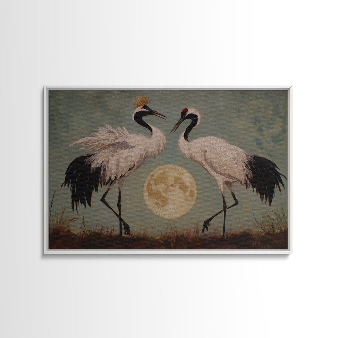 Pair of Cranes Dancing Framed Canvas Print, Bird Art, Home Decor, Living Room Decor, Abstract Art, Flight, Modern Wall Art, BIR-3x2-7