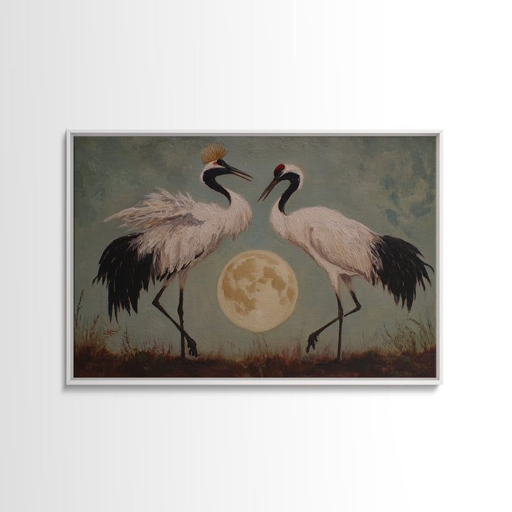 Pair of Cranes Dancing Framed Canvas Print, Bird Art, Home Decor, Living Room Decor, Abstract Art, Flight, Modern Wall Art, BIR-3x2-7