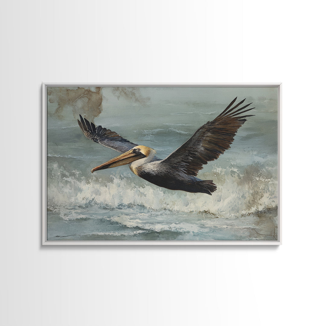 Pelican Flying over Coastal Waves Framed Canvas Print, Bird Art, Boho Wall Decor, Living Room Decor, Fine Art, Flight, BIR-3x2-70