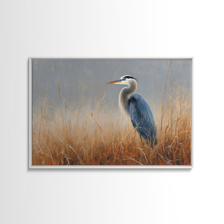 Blue Heron in Misty Marsh Grass Framed Canvas Print, Bird Art, Digital Download Art, Living Room Decor, Fine Art, Flight, BIR-3x2-78