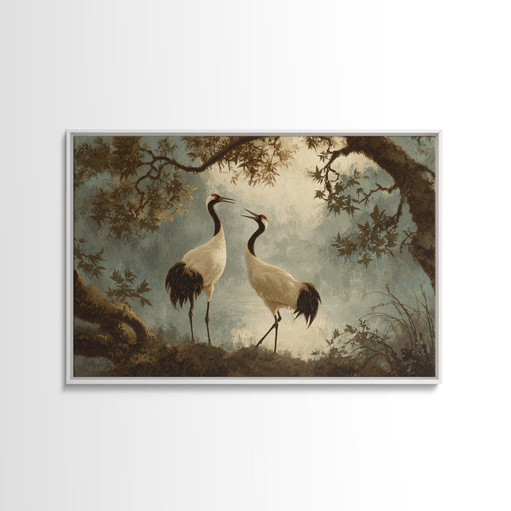 Pair of Cranes Dancing Framed Canvas Print, Bird Art, Bird Wall Art, Living Room Decor, Watercolor Art, Flight, Art Print, BIR-3x2-79