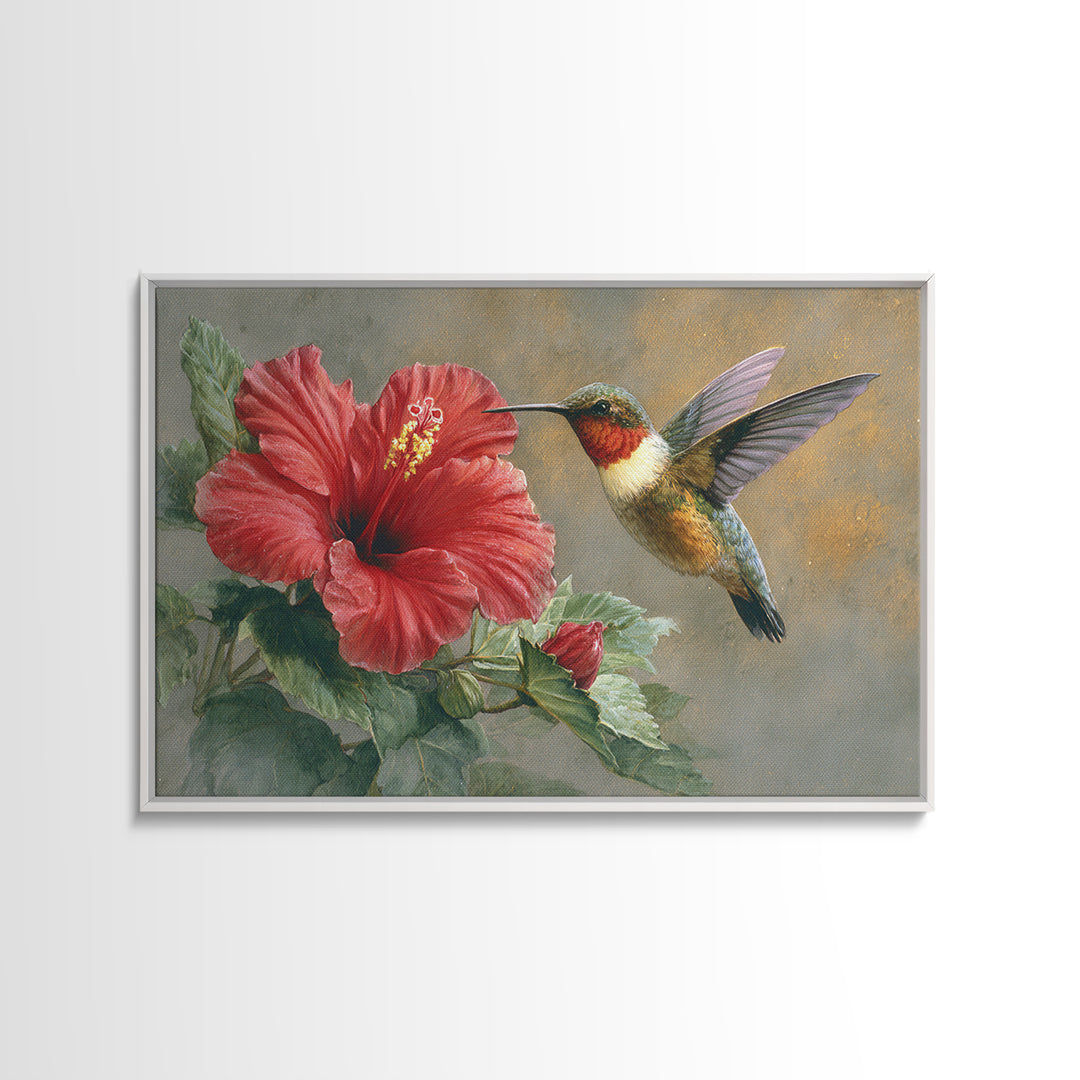 Hummingbird Hovering Beside Bright Hibiscus Framed Canvas Print, Bird Art, Watercolor Painting, Living Room Decor, Oil Painting, BIR-3x2-8