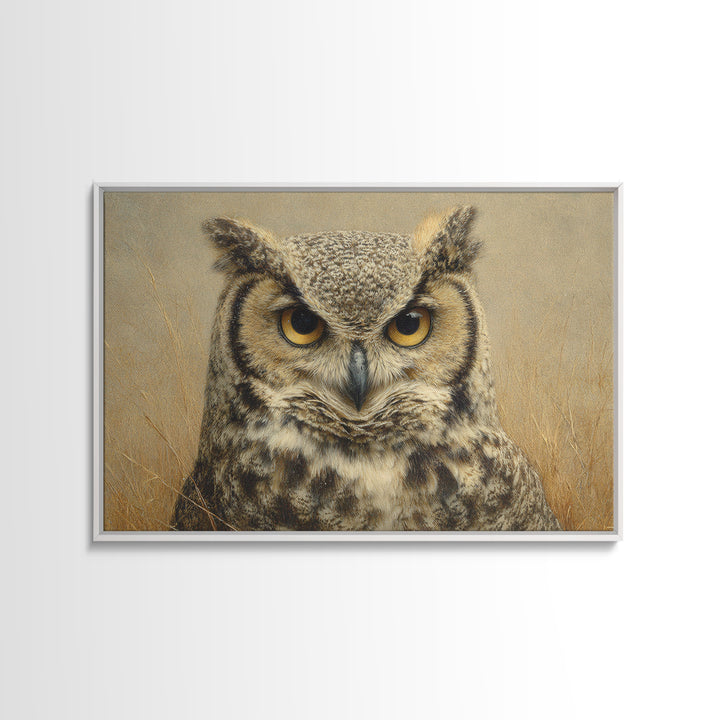 Owl Portrait with Wise Golden Eyes Framed Canvas Print, Bird Art, Bird Wall Art, Living Room Decor, Oil Painting, Flight, BIR-3x2-81