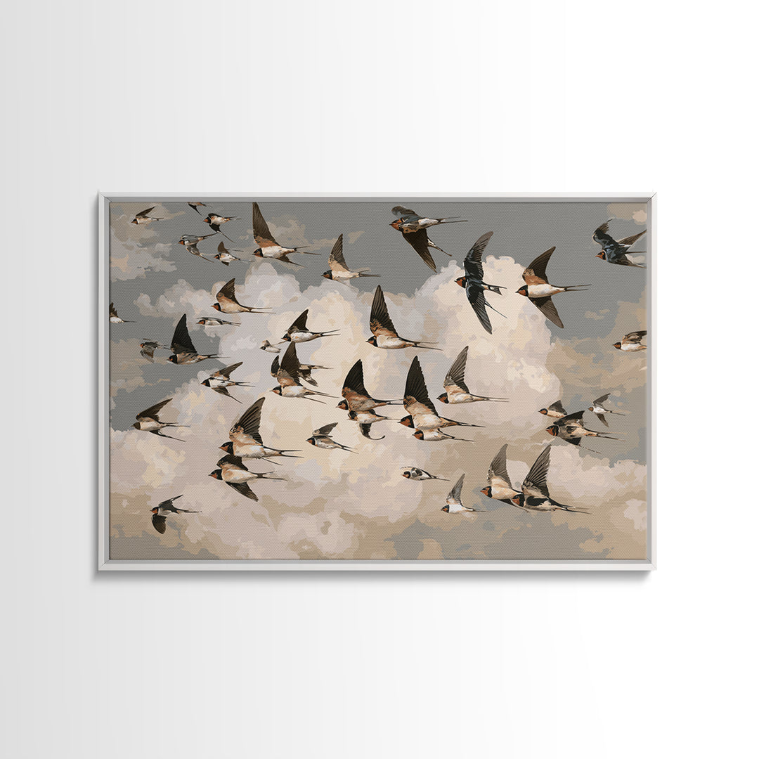 Flock of Swallows Sweeping Across Open Sky Framed Canvas Print, Bird Art, Nature Prints, Living Room Decor, Oil Painting, BIR-3x2-82