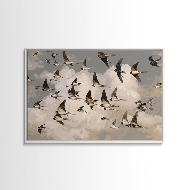 Flock of Swallows Sweeping Across Open Sky Framed Canvas Print, Bird Art, Nature Prints, Living Room Decor, Oil Painting, BIR-3x2-82