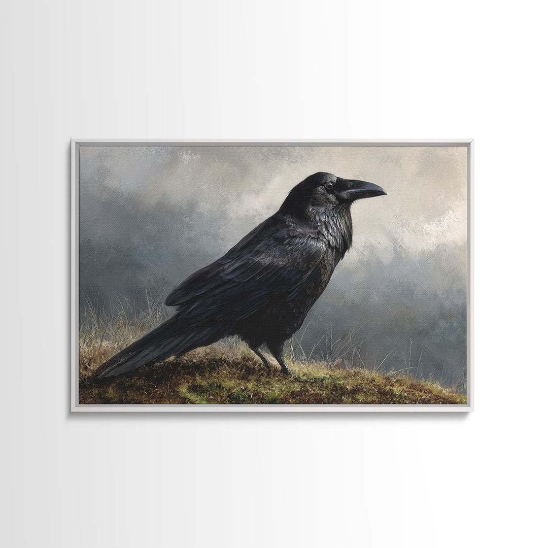 Raven Silhouette with Gothic Atmosphere Framed Canvas Print, Bird Art, Nature Wall Art, Living Room Decor, Fine Art, Flight, BIR-3x2-85