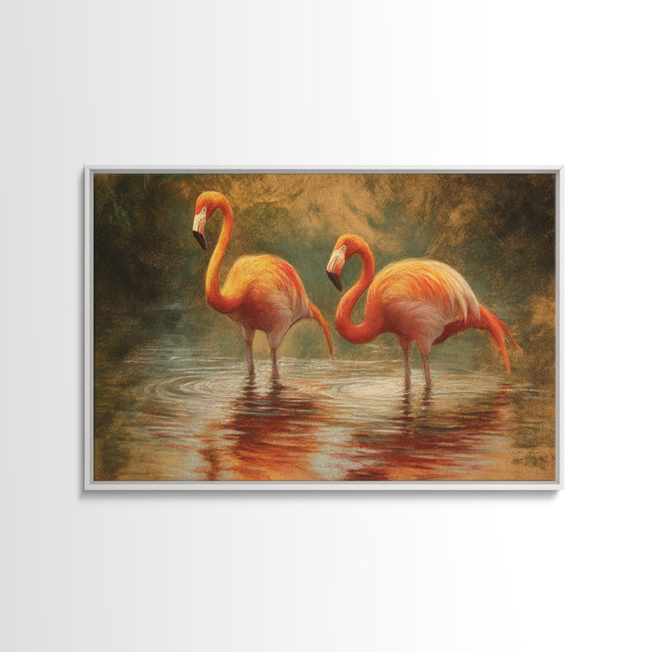 Flamingo Pair in Coral Water Reflections Framed Canvas Print, Bird Art, Gallery Wall, Living Room Decor, Fine Art, Flight, BIR-3x2-86