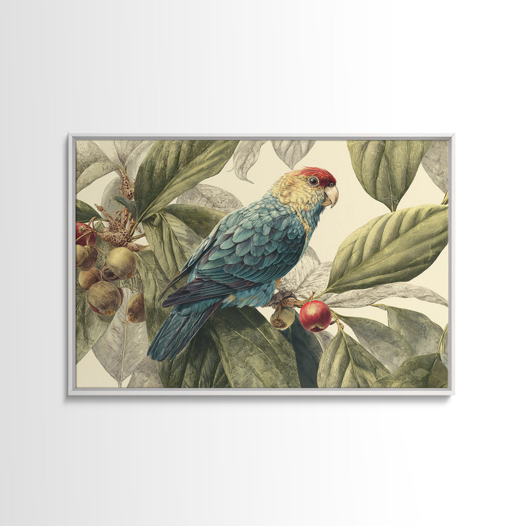 Parrot Among Tropical Leaves and Fruit Canvas Print, Bird Art, Rustic Home Decor, Living Room Decor, Oil Painting, Flight, BIR-3x2-89