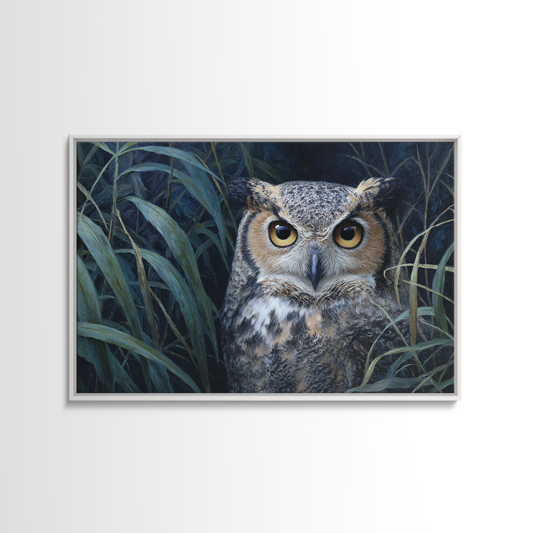 Owl Portrait with Wise Golden Eyes Framed Canvas Print, Bird Art, Boho Wall Decor, Living Room Decor, Fine Art, Flight, BIR-3x2-9