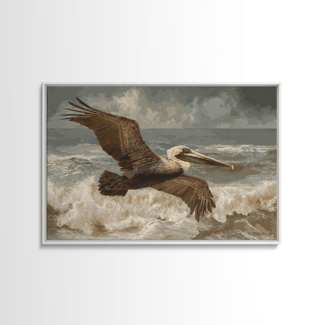 Pelican Flying over Coastal Waves Canvas Print, Bird Art, Bird Prints, Living Room Decor, Abstract Art, Flight, Modern Decor, BIR-3x2-94