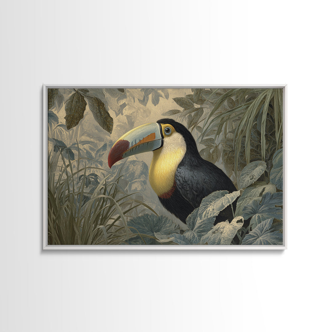 Toucan Framed by Bold Jungle Foliage Framed Canvas Print, Bird Art, Minimalist Decor, Living Room Decor, Fine Art, Flight, BIR-3x2-99