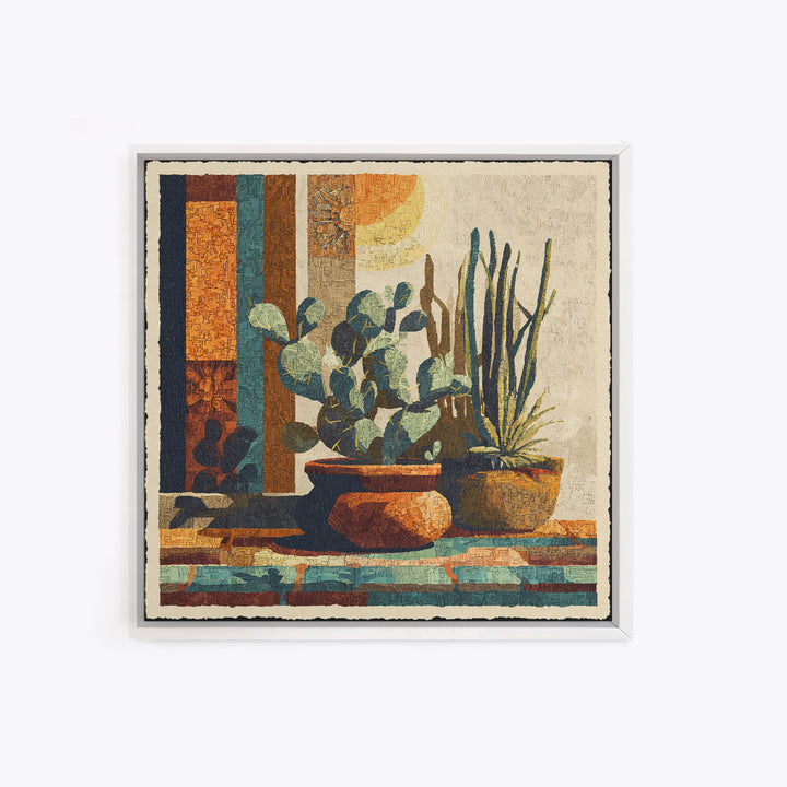 Desert Sun with Cactus and Warm Clay Framed Canvas Print, Boho Art, Textured Painting, Living Room Decor, Fine Art, Bohemian, BOH-1x1-1