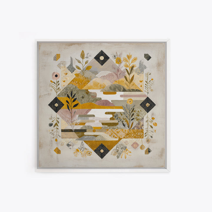 Earth Tone Mountain and River Abstraction Framed Canvas Print, Boho Art, Art Nouveau, Living Room Decor, Fine Art, Bohemian, BOH-1x1-11
