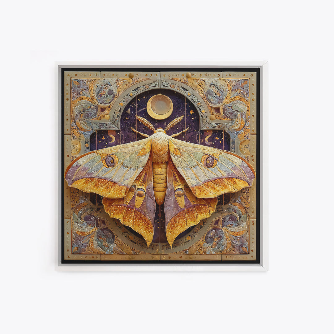Golden Moth with Moon and Stars Canvas Print, Boho Art, Luxury Decor, Living Room Decor, Fine Art, Bohemian, Digital Art, BOH-1x1-17
