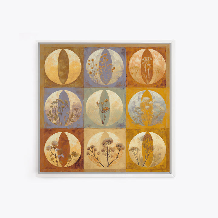 Moon Phases Above Botanical Silhouettes Framed Canvas Print, Boho Art, Boho Decor, Living Room Decor, Oil Painting, Bohemian, BOH-1x1-2