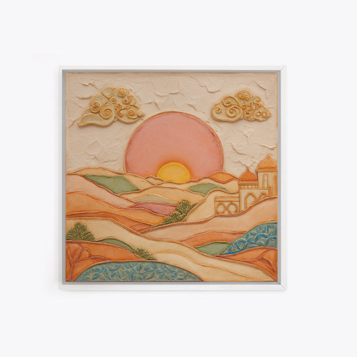 Sunrise over Rolling Dunes in Muted Peach Framed Canvas Print, Boho Art, Room Decor, Living Room Decor, Fine Art, Bohemian, BOH-1x1-21