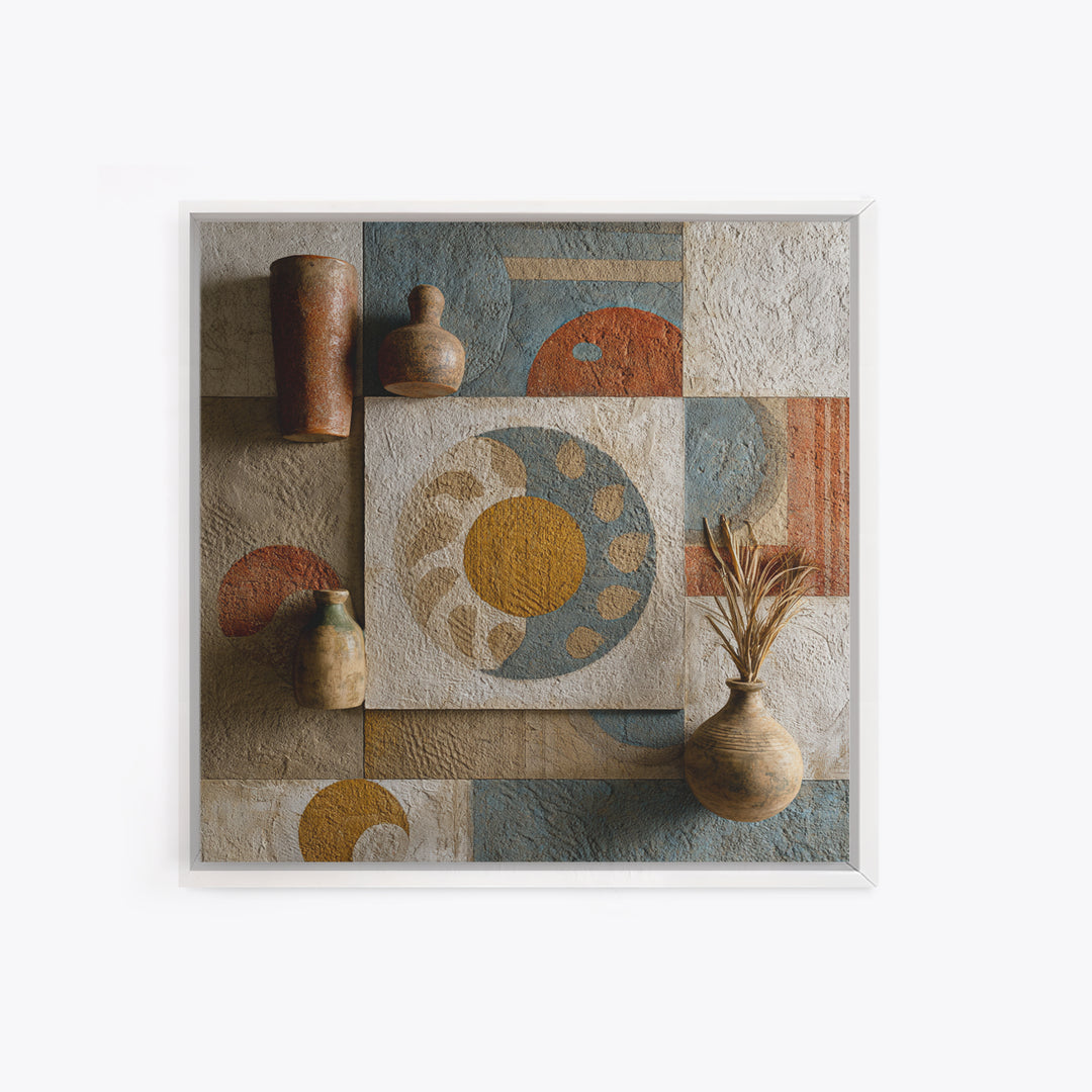 Sun and Moon Celestial Folk Motif Framed Canvas Print, Boho Art, Fine Art Print, Living Room Decor, Watercolor Art, Bohemian, BOH-1x1-34