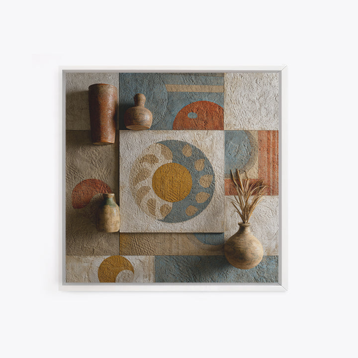 Sun and Moon Celestial Folk Motif Framed Canvas Print, Boho Art, Fine Art Print, Living Room Decor, Watercolor Art, Bohemian, BOH-1x1-34