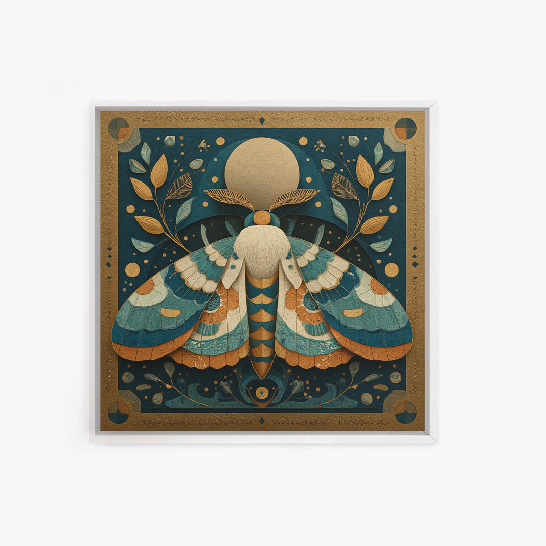 Golden Moth with Moon and Stars Framed Canvas Print, Boho Art, Wall Art, Living Room Decor, Fine Art, Bohemian, Art Deco, BOH-1x1-41