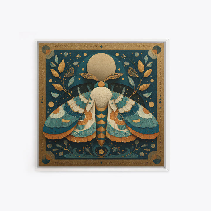 Golden Moth with Moon and Stars Framed Canvas Print, Boho Art, Wall Art, Living Room Decor, Fine Art, Bohemian, Art Deco, BOH-1x1-41