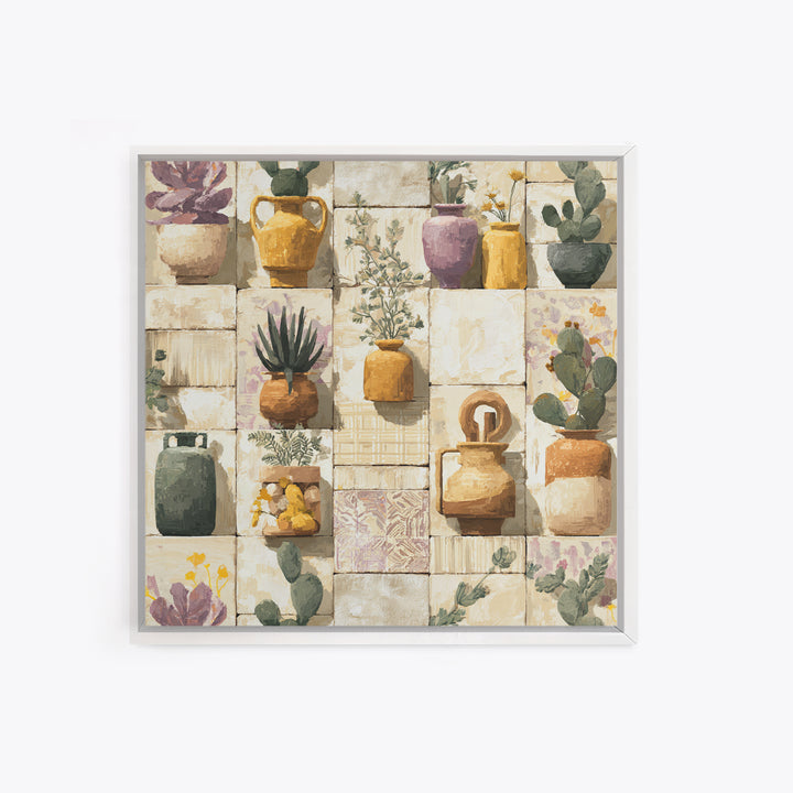 Warm Neutral Cactus Garden Illustration Framed Canvas Print, Boho Art, Wall Art Set, Living Room Decor, Fine Art, Bohemian, BOH-1x1-42