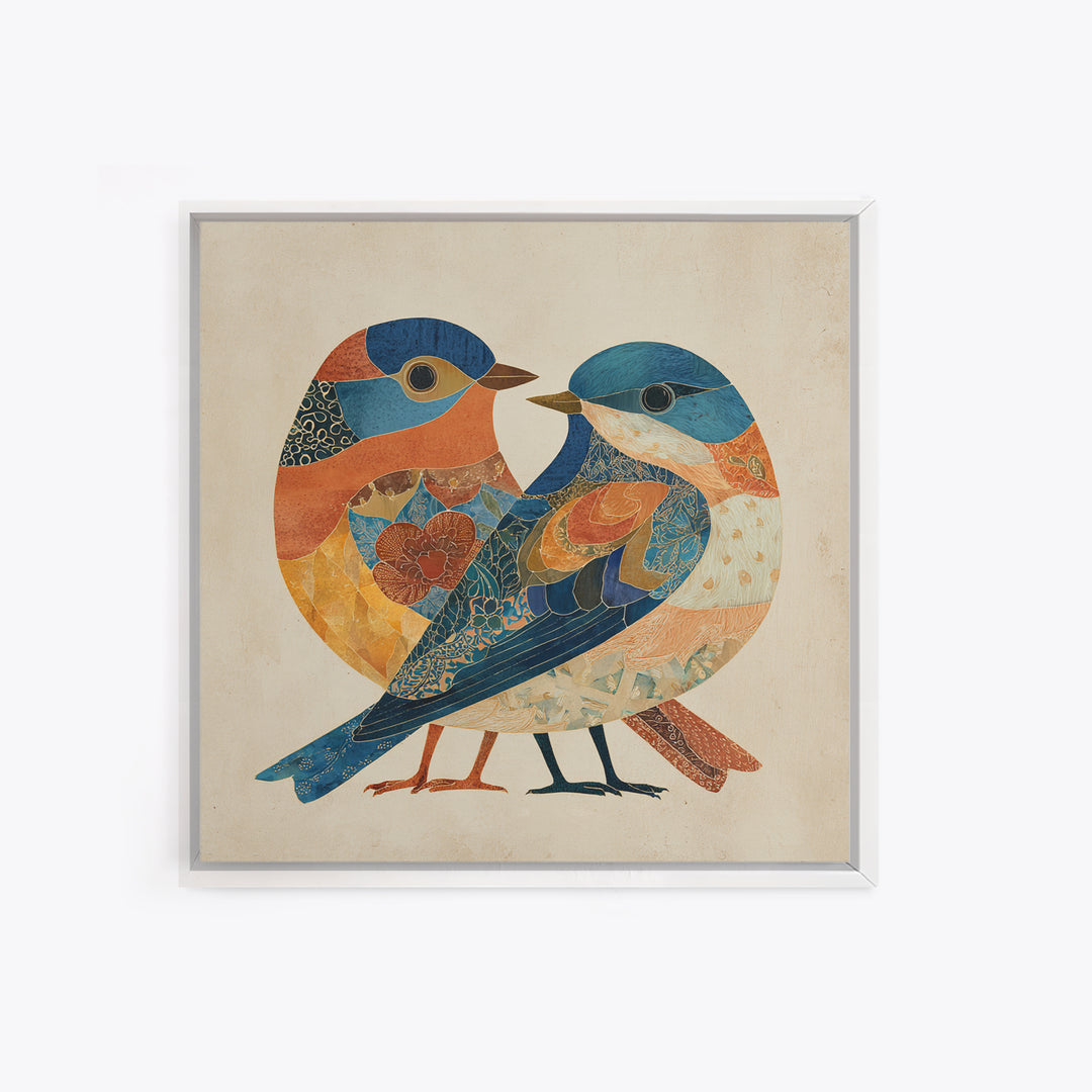 Boho Bird Pair Framed Canvas Print, Boho Art, Digital Wall Art, Living Room Decor, Bohemian, Garden Art, Wall Art Print, BOH-1x1-44