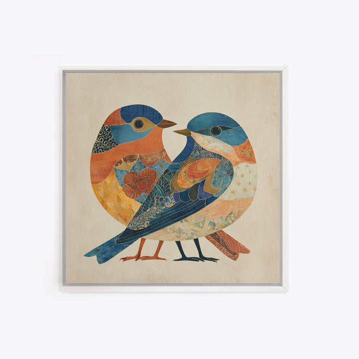 Boho Bird Pair Framed Canvas Print, Boho Art, Digital Wall Art, Living Room Decor, Bohemian, Garden Art, Wall Art Print, BOH-1x1-44