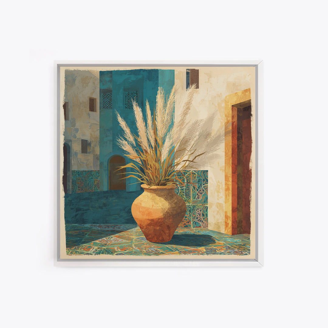 Bohemian Vase with Dried Pampas Grass Framed Canvas Print, Boho Art, Prints, Living Room Decor, Abstract Art, Bohemian, BOH-1x1-57