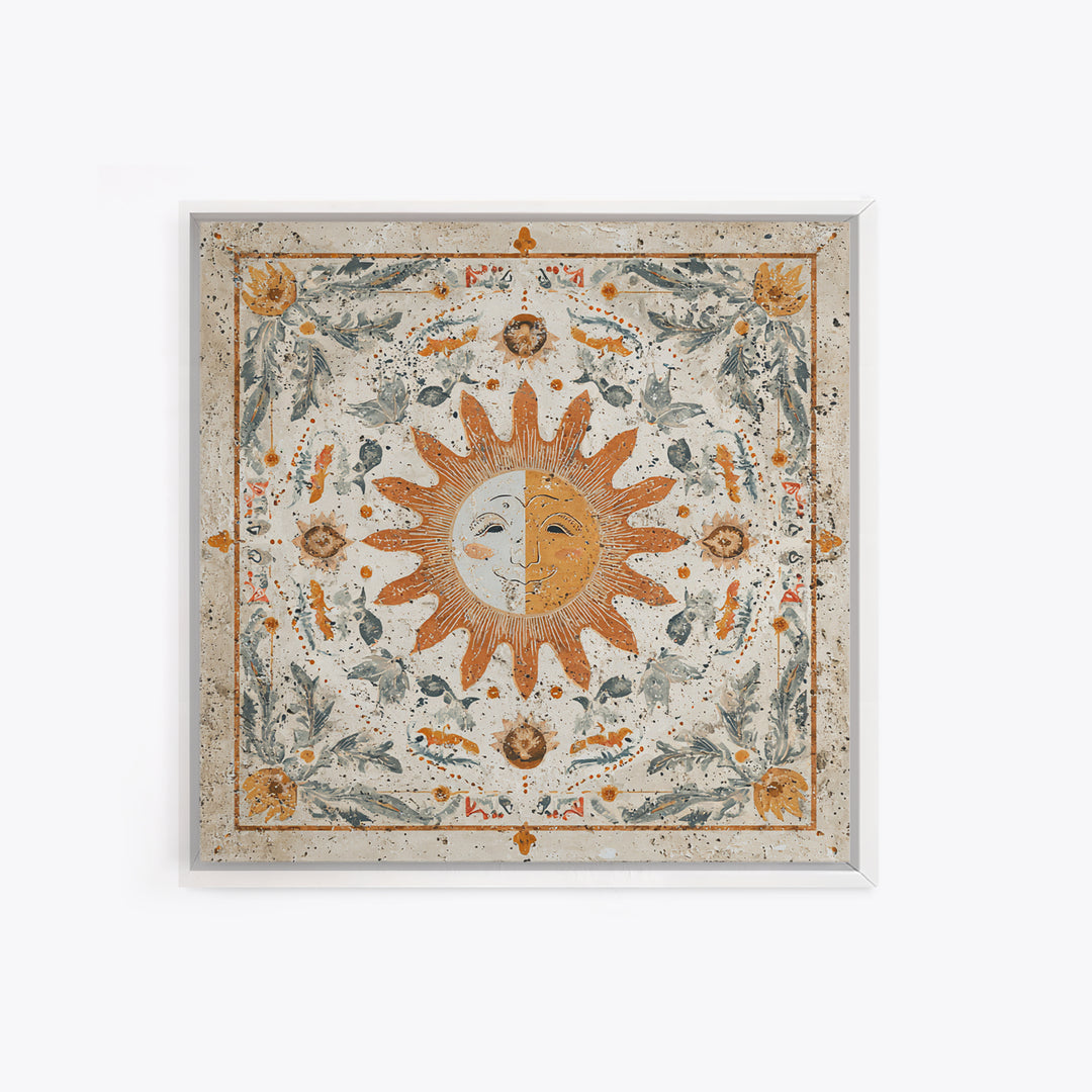 Sun and Moon Celestial Folk Motif Framed Canvas Print, Boho Art, Fine Art Print, Living Room Decor, Watercolor Art, Bohemian, BOH-1x1-58