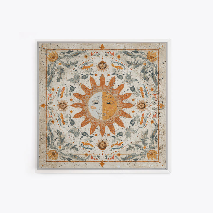 Sun and Moon Celestial Folk Motif Framed Canvas Print, Boho Art, Fine Art Print, Living Room Decor, Watercolor Art, Bohemian, BOH-1x1-58