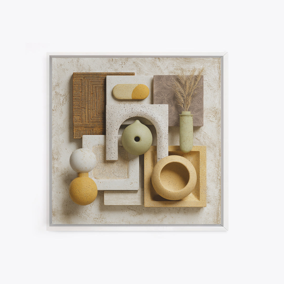 Abstract Clay Shapes Framed Canvas Print, Boho Art, Printable Art, Living Room Decor, Abstract Art, Bohemian, Neutral Decor, BOH-1x1-64