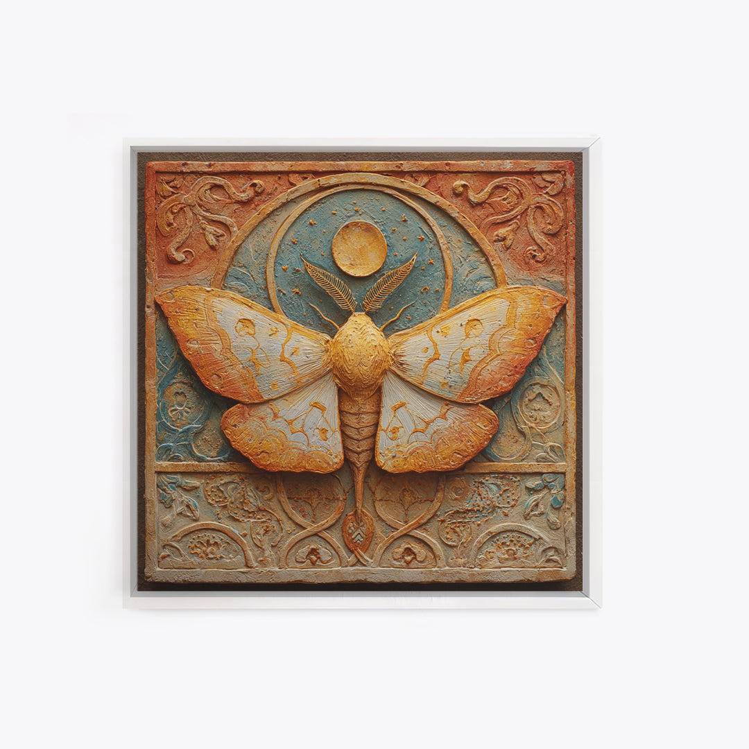 Golden Moth with Moon and Stars Framed Canvas Print, Boho Art, Wall Art, Living Room Decor, Fine Art, Bohemian, Art Deco, BOH-1x1-65