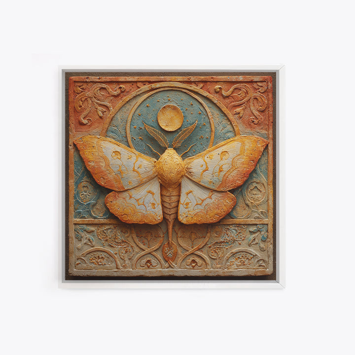 Golden Moth with Moon and Stars Framed Canvas Print, Boho Art, Wall Art, Living Room Decor, Fine Art, Bohemian, Art Deco, BOH-1x1-65
