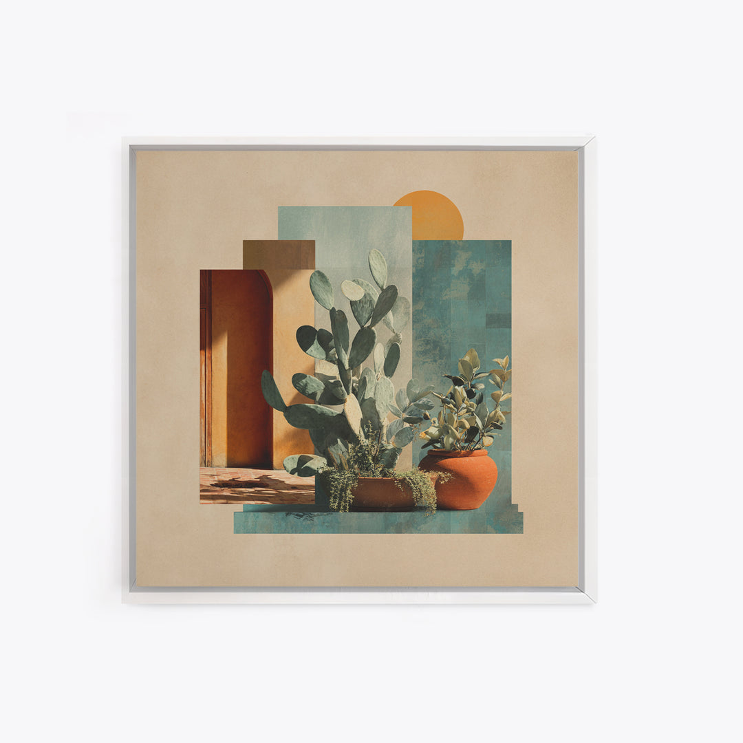 Desert Sun with Cactus and Warm Clay Framed Canvas Print, Boho Art, Printable, Living Room Decor, Watercolor Art, Bohemian, BOH-1x1-73