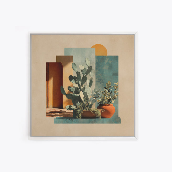 Desert Sun with Cactus and Warm Clay Framed Canvas Print, Boho Art, Printable, Living Room Decor, Watercolor Art, Bohemian, BOH-1x1-73