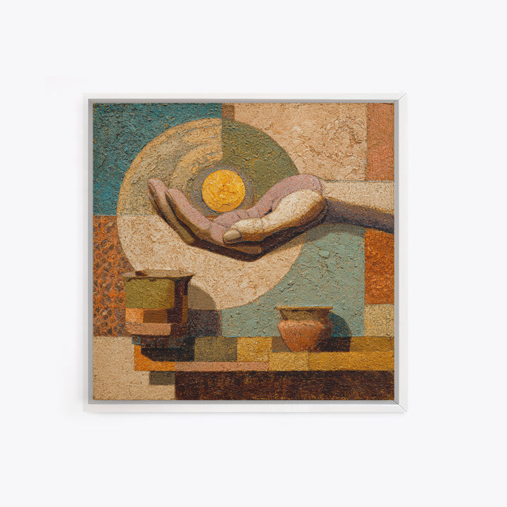 Mystic Hand Holding a Tiny Sun Framed Canvas Print, Boho Art, Textured Painting, Living Room Decor, Fine Art, Bohemian, BOH-1x1-78