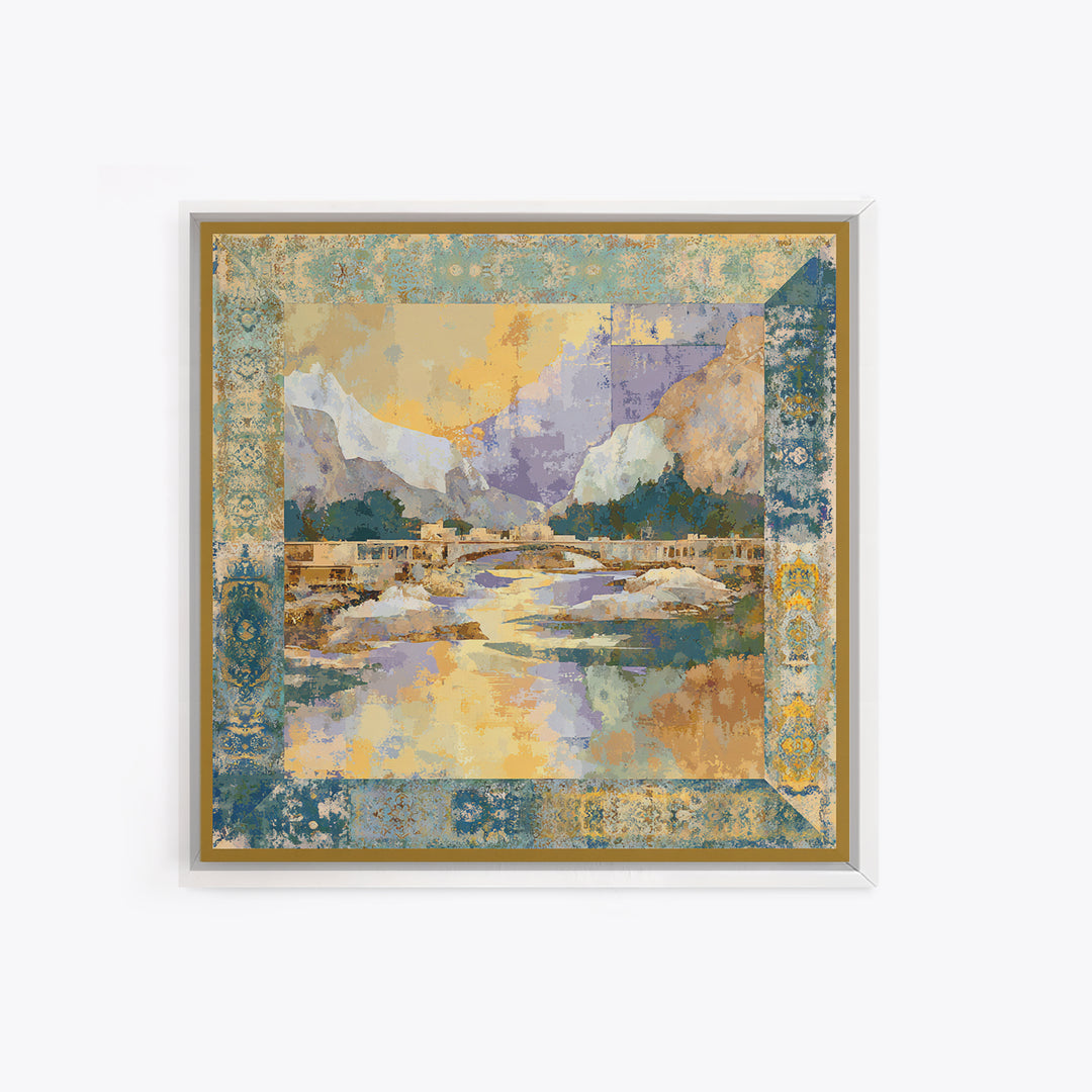 Earth Tone Mountain and River Abstraction Framed Canvas Print, Boho Art, Living Room Decor, Oil Painting, Bohemian, BOH-1x1-83
