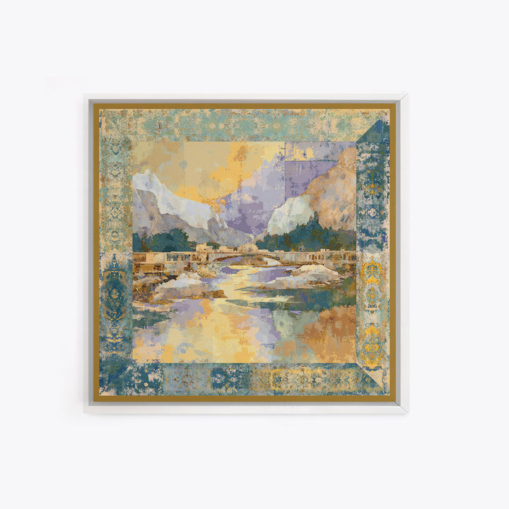 Earth Tone Mountain and River Abstraction Framed Canvas Print, Boho Art, Living Room Decor, Oil Painting, Bohemian, BOH-1x1-83