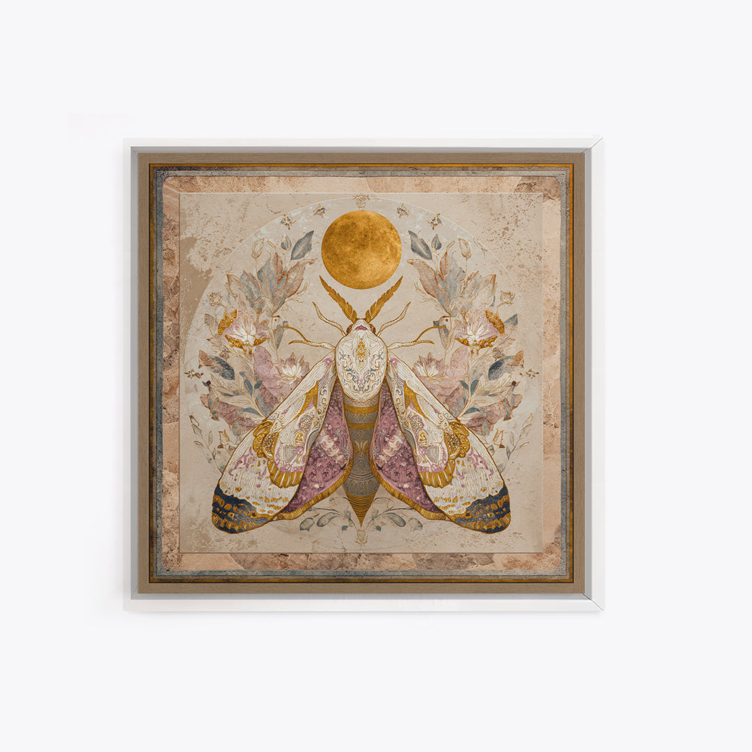 Golden Moth with Moon and Stars Canvas Print, Boho Art, Art Print, Living Room Decor, Fine Art, Bohemian, Digital Print, BOH-1x1-89