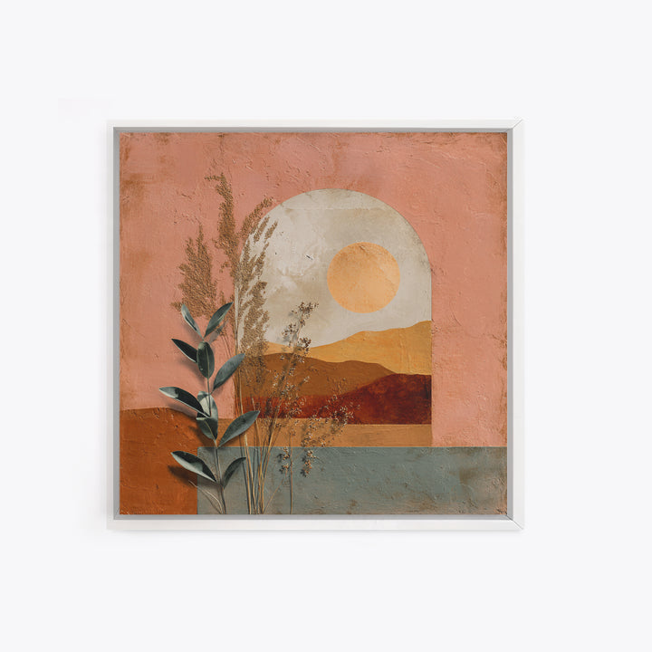 Sunrise over Rolling Dunes in Muted Peach Framed Canvas Print, Boho Art, Digital Art, Living Room Decor, Oil Painting, Bohemian, BOH-1x1-93