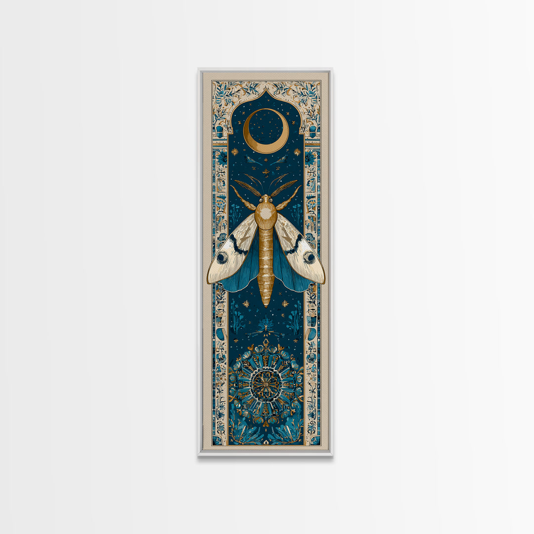 Golden Moth with Moon and Stars Framed Canvas Print, Boho Art, Prints, Living Room Decor, Fine Art, Bohemian, Abstract Art, BOH-1x3-29