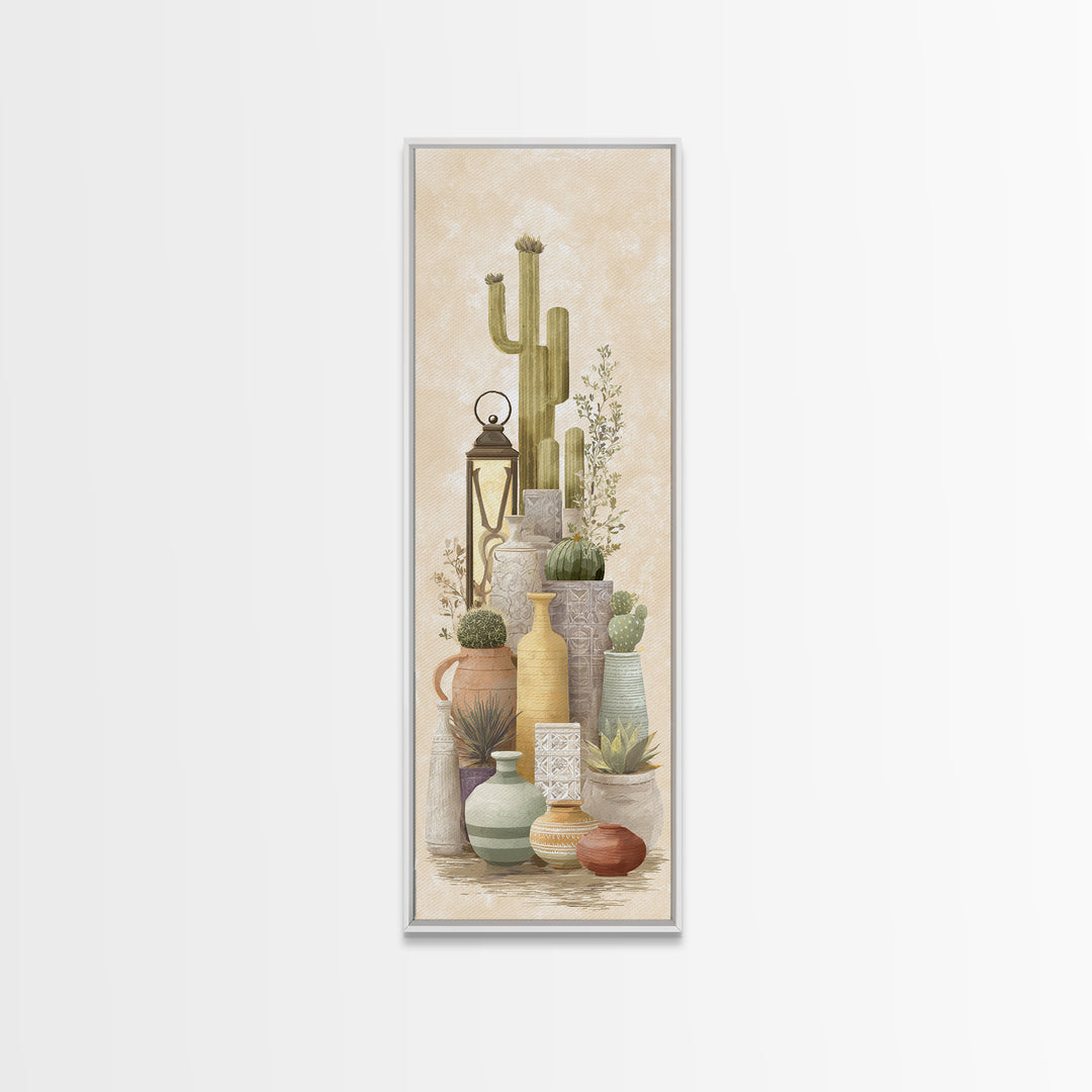 Warm Neutral Cactus Garden Illustration Framed Canvas Print, Boho Art, Fine Art Print, Living Room Decor, Watercolor Art, BOH-1x3-30