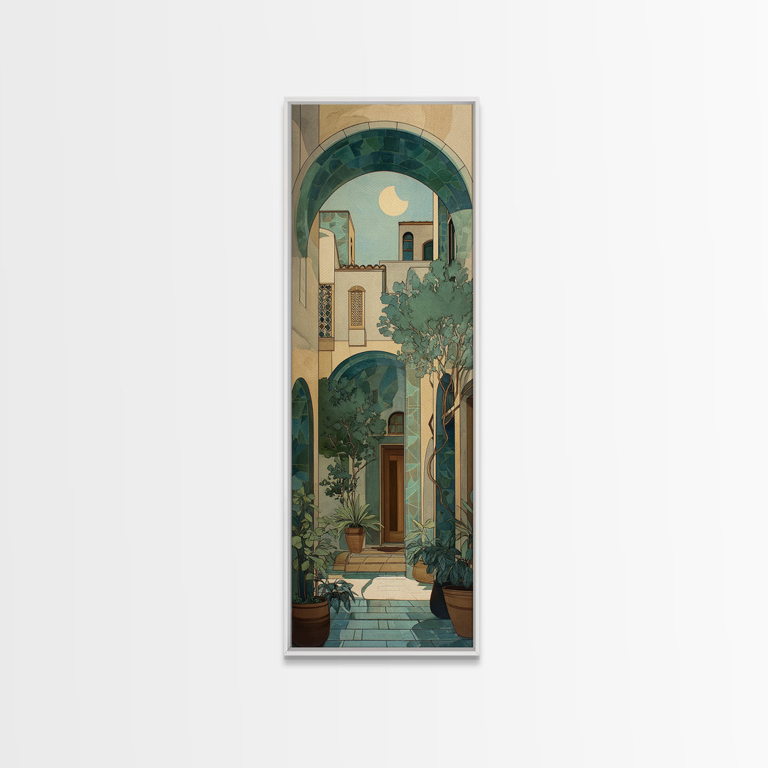 Sage Green Eucalyptus and Crescent Moon Canvas Print, Boho Art, Abstract Wall Art, Living Room Decor, Fine Art, Bohemian, BOH-1x3-35