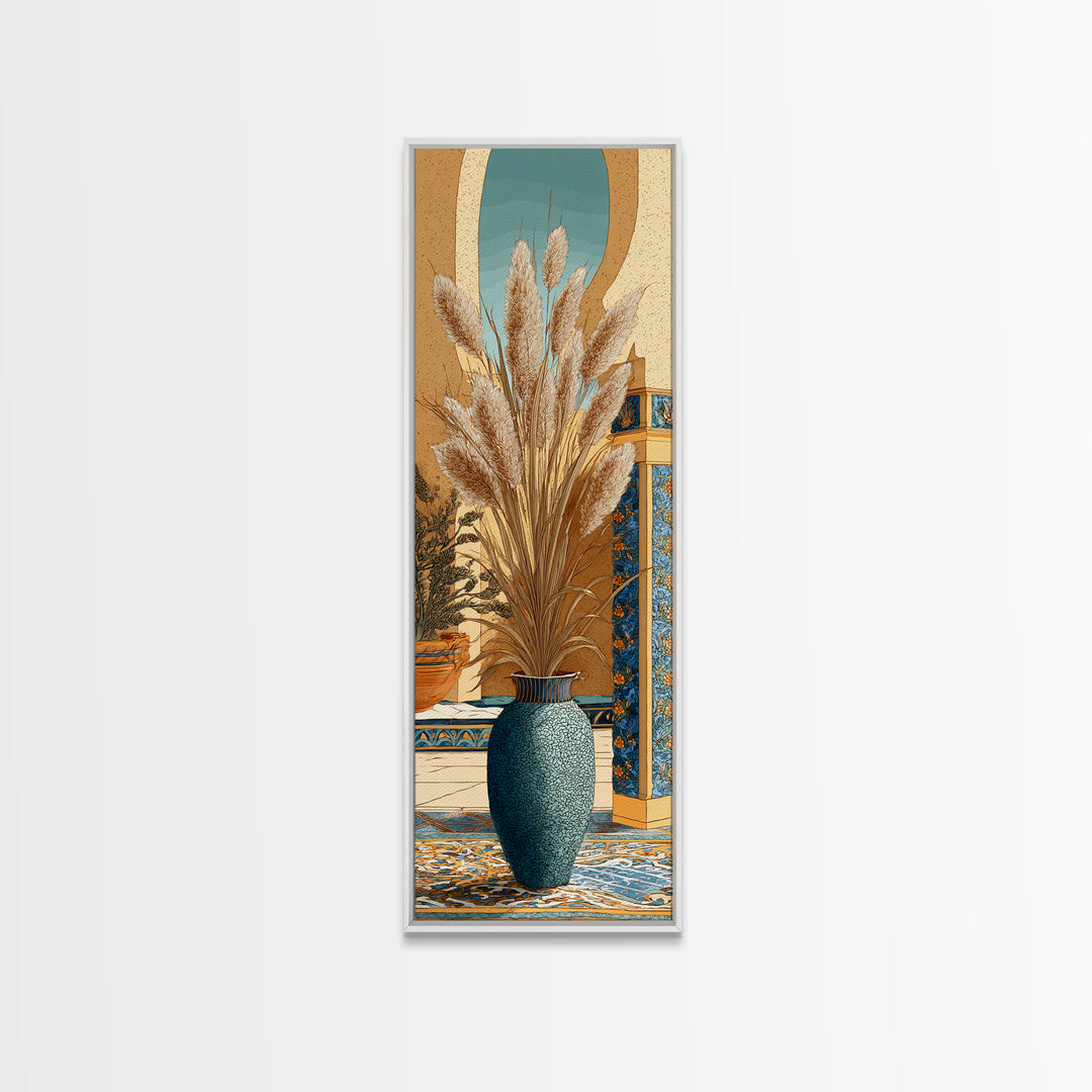 Bohemian Vase with Dried Pampas Grass Framed Canvas Print, Boho Art, Printable, Living Room Decor, Oil Painting, Bohemian, BOH-1x3-45