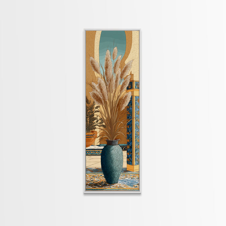 Bohemian Vase with Dried Pampas Grass Framed Canvas Print, Boho Art, Printable, Living Room Decor, Oil Painting, Bohemian, BOH-1x3-45