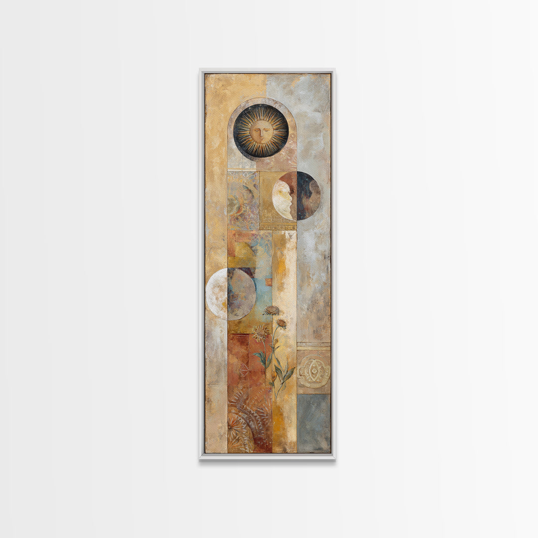 Sun and Moon Celestial Folk Motif Framed Canvas Print, Boho Art, Room Decor, Living Room Decor, Fine Art, Bohemian, Printable, BOH-1x3-46