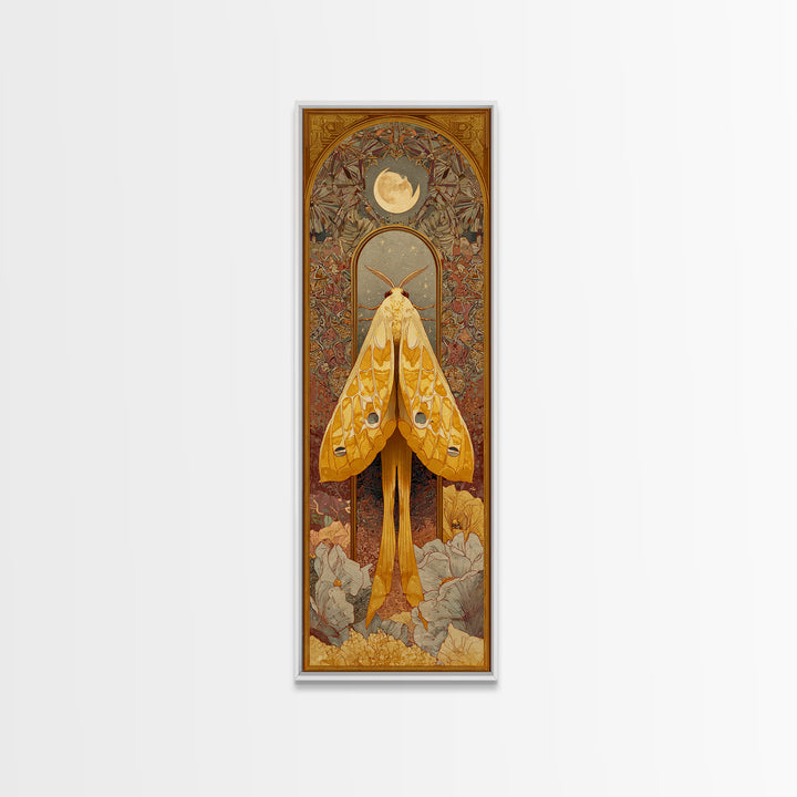 Golden Moth with Moon and Stars Canvas Print, Boho Art, Minimalist Decor, Living Room Decor, Bohemian, Digital Wall Art, BOH-1x3-5