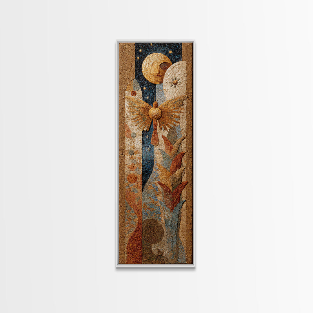 Golden Moth with Moon and Stars Framed Canvas Print, Boho Art, Prints, Living Room Decor, Fine Art, Bohemian, Abstract Art, BOH-1x3-53