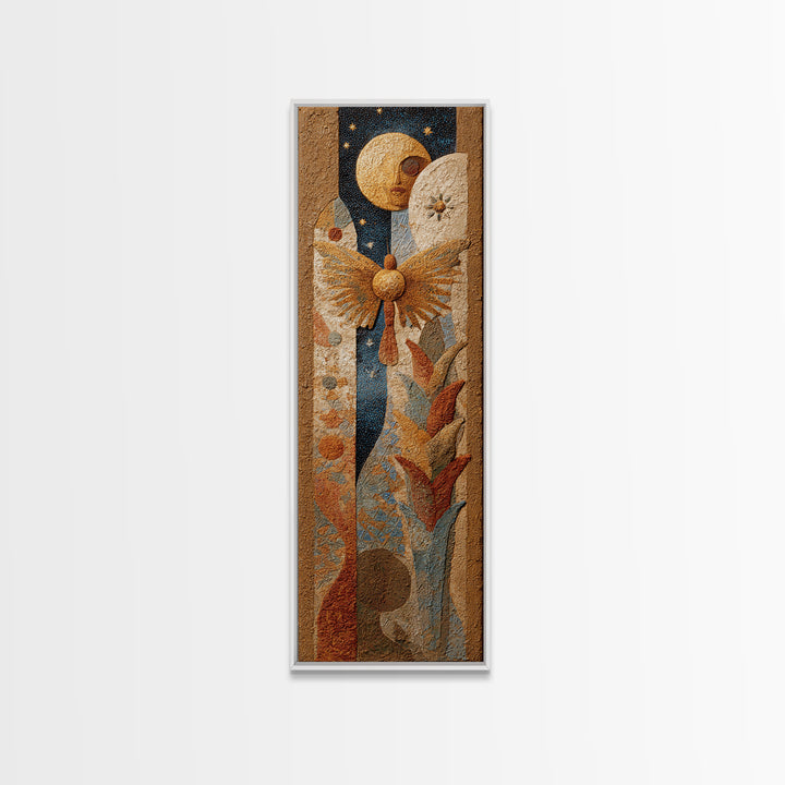 Golden Moth with Moon and Stars Framed Canvas Print, Boho Art, Prints, Living Room Decor, Fine Art, Bohemian, Abstract Art, BOH-1x3-53